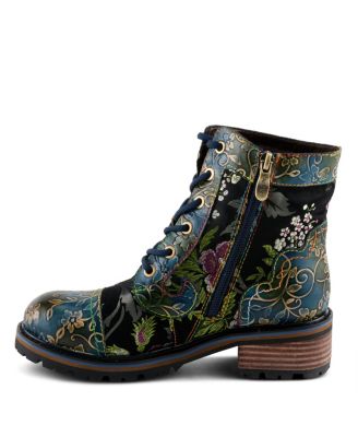Women's Fantastic Leather Booties with Embroidered Textile, Embossed Floral Leather,  and Lug Sole – Comfort Ankle Boots for Fall Style