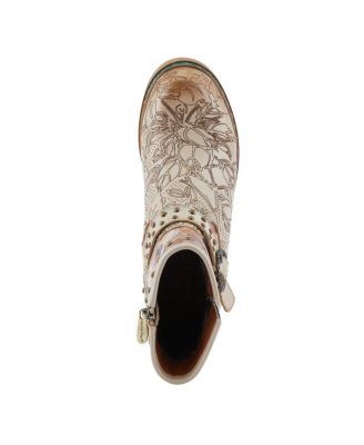 Women's Branchout Hand-Painted Leather Booties with Etched Botanical Motifs, Studded Buckle Strap, Inside Zipper, and Rainbow Stitching