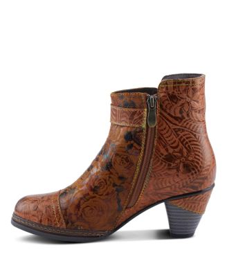 Women's Antilles Floral Embossed Suede Ankle Booties with Vintage Buckle Detail, Inside Zipper, Low Heel, Faux Fur Lining