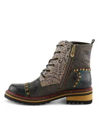 Women's Rugup Hand-Painted Leather Booties with Mixed Textures, Decorative Studs, Lace-Up and Zipper Closure, Faux Fur Lining, and Lug Sole
