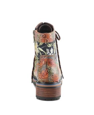 Women's Fantastic Leather Booties with Embroidered Textile, Embossed Floral Leather,  and Lug Sole – Comfort Ankle Boots for Fall Style