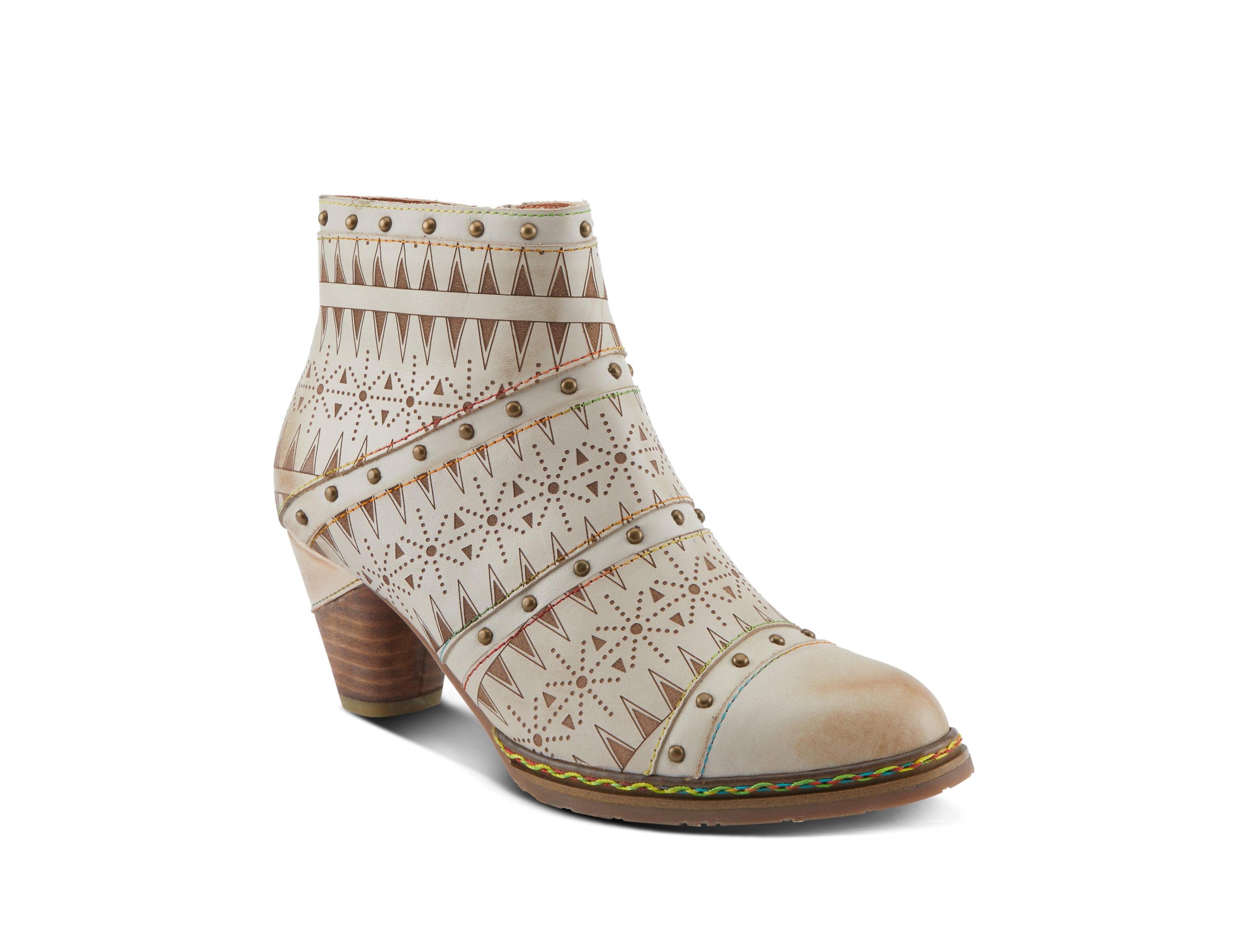 L'Artiste Women's Niobe Leather Ankle Boots with Burnished Finish, Gold Studs, Etched Patterns, Inside Zipper, and Rainbow Stitching – Artisan