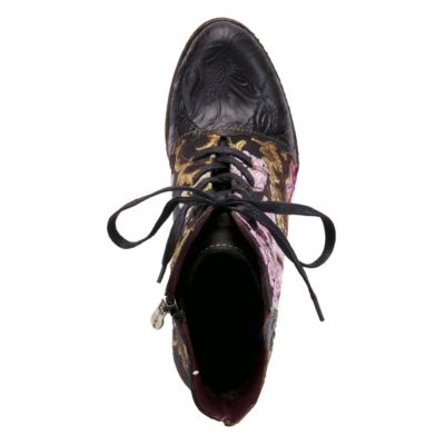 L’Artiste Women’s SIREN Embroidered Floral Lace-Up Booties with Embossed Leather, Scalloped Trim & Cone Heel