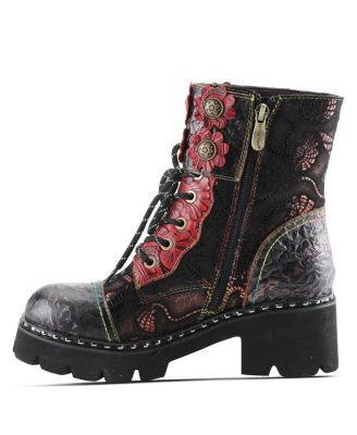 L Artiste Women s LIMITLESS Leather Combat Boot with Floral Cutouts, Stud Accents & Rainbow Stitching Booties