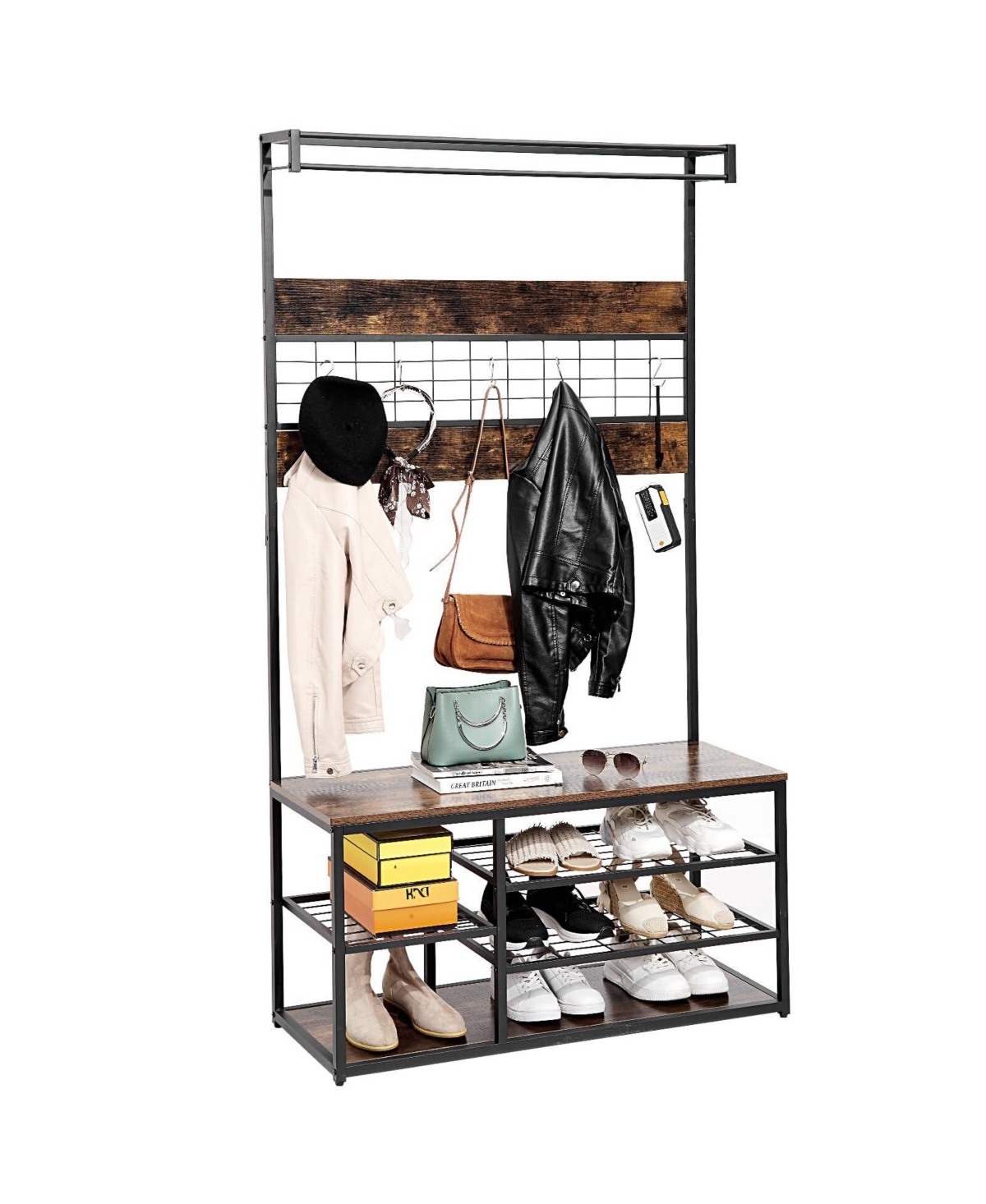 Gaomon Coat Rack Hall Tree with 3-Tier Shoe Storage and 5 Hooks ,Sturdy wooden boards and iron grids, Large Wood-Look Shoe Rack Bench for Entryway, Cl