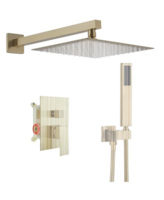 Luxurious Single Handle 2-Spray 12 in. Wall Mount Square Shower Head with Hand Shower Faucet in Brushed Gold