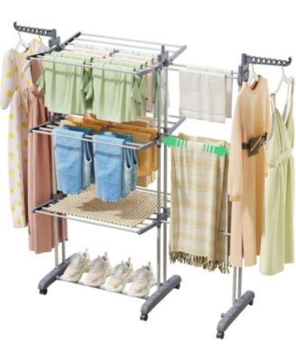 Clothes Drying Rack - Foldable Movable Clothes Rack Drying 30.0" W to 59.0" W Extensible Drying Rack Clothing Oversized 4-Tier Stainless Steel Large Clothes Rack Drying Indoor and Outdoor