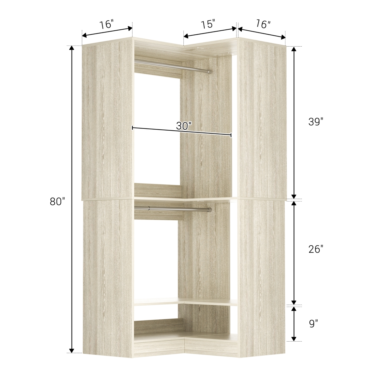 Corner Closet System with Upper & Lower Hanging Areas, Wardrobe Organizer Shoe Shelf