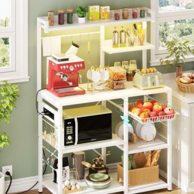 Kitchen Storage Shelf with Hooks, Coffee Bar Station with Power Outlets & LED Light, Bakers Rack with Pull-Out Basket