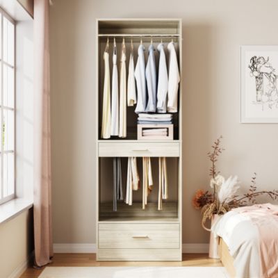 Closet System Organizer with Hanging Area, Freestanding Wooden Closet with Drawers