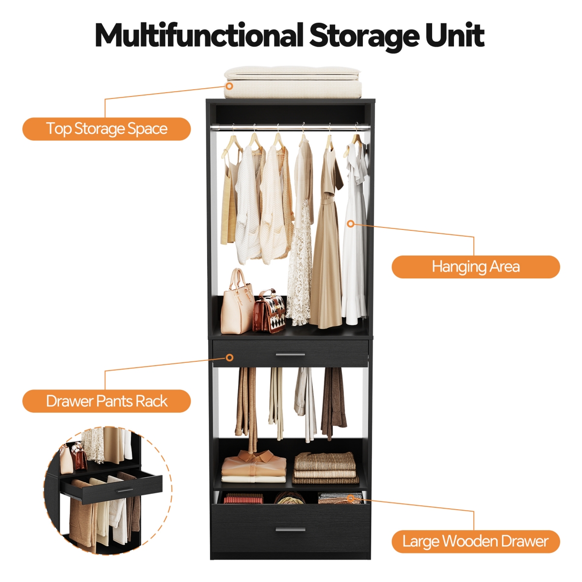 Aheaplus Closet System Organizer with Hanging Area, Freestanding Wooden Drawers