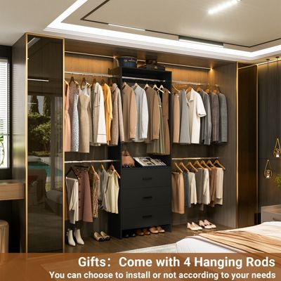 3 Wood Drawers and 4 Retractable Hanging Rods Adjustable Closet System