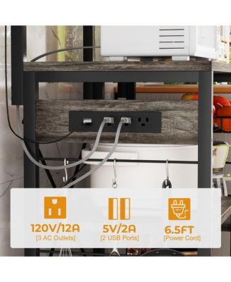 Kitchen Storage Shelf with Hooks, Coffee Bar Station with Power Outlets & LED Light, Bakers Rack with Pull-Out Basket