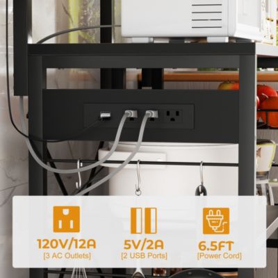 Kitchen Storage Shelf with Hooks, Coffee Bar Station with Power Outlets & LED Light, Bakers Rack with Pull-Out Basket