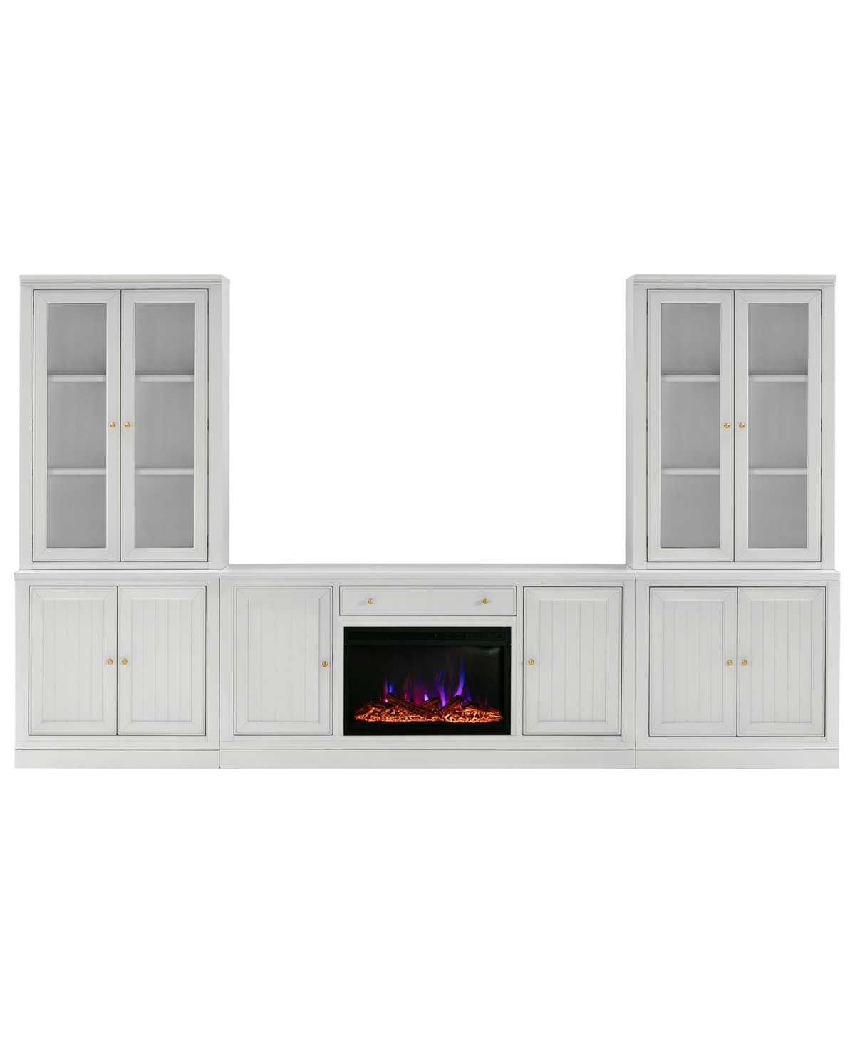 Macy's Amren 65" 2 Door Console With 2 Door Hutches And 2 Door Bases With Fireplace Insert In White