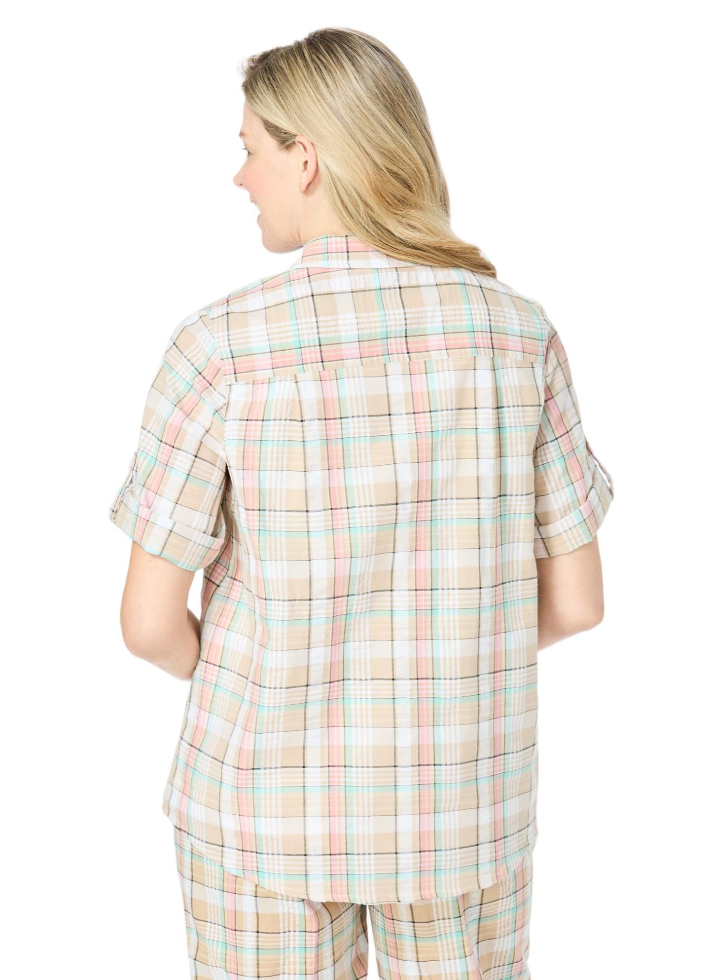 Женская рубашка Woman Within Within Short-Sleeve Button-Down Cotton Seersucker, цвет: Хаки клетчатый — фото 2