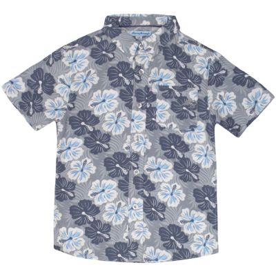 Boys Button Down Short Sleeve Hawaiian Elastic Woven Shirt and Short Set