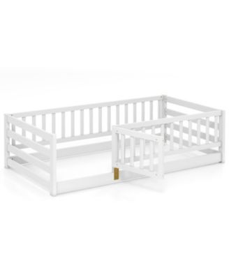 Twin Size Floor Bed w/High Fence & Door Safety Guardrails Wood Floor Bed Frame