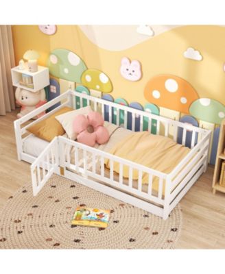 Twin Size Floor Bed w/High Fence & Door Safety Guardrails Wood Floor Bed Frame