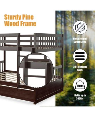 Full over Full Bunk Bed Platform Wood Bed w/ Trundle & Ladder Rail