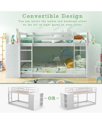 Twin Over Twin Bunk Bed Wood Frame Storage Shelves Ladder Guardrails Kids