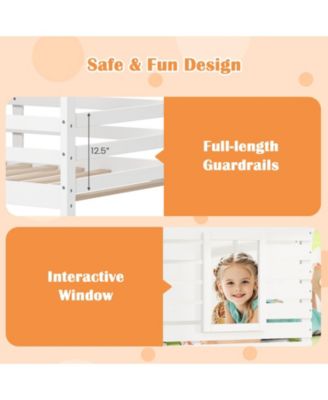 Twin over Twin House Bunk Bed Low-to-ground Bed Frame w/ Roof Solid Wood Bed