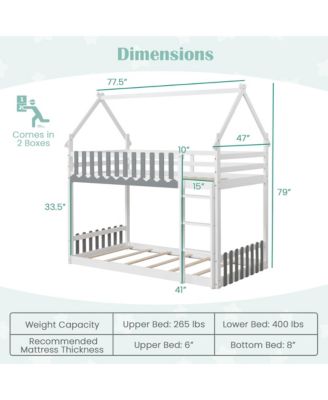Twin Over Twin Bunk Bed w/ Fence & Ladder Solid Wood Floor Bunk Bed for Kids