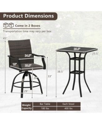 3 PCS PE Wicker Patio Swivel Bar Set Table & Chairs w/ Quick-Drying Foam