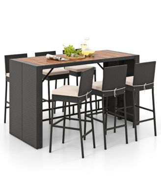 7 Pieces Patio Bar Set w/ Acacia Wood Tabletop & Removable Cushions Outdoor
