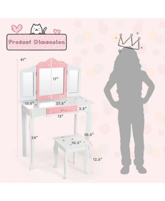Kids Vanity Princess Makeup Dressing Table Chair Set W/ Tri-folding Mirror