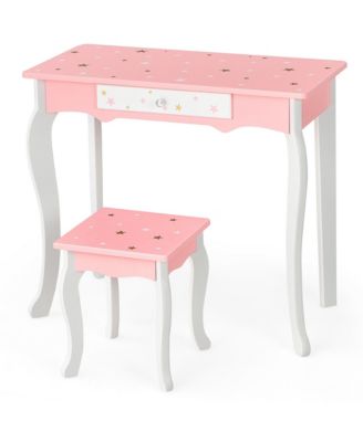 Kids Vanity Princess Makeup Dressing Table Chair Set W/ Tri-folding Mirror