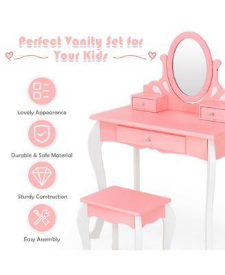 Kids Vanity Princess Makeup Dressing Table Stool Set W/ Mirror Drawer