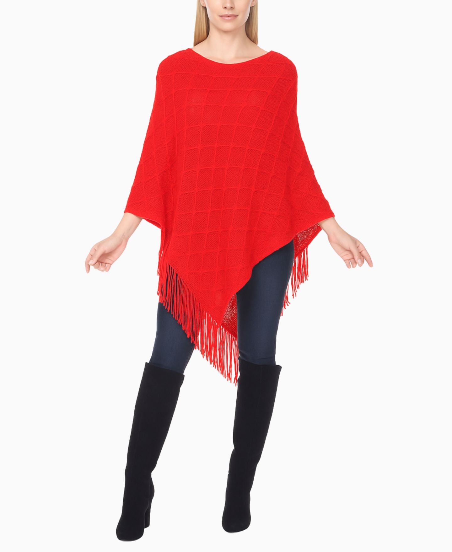 Женский свитер White Mark Open Knit Fringe Poncho, цвет: Красный — фото 5