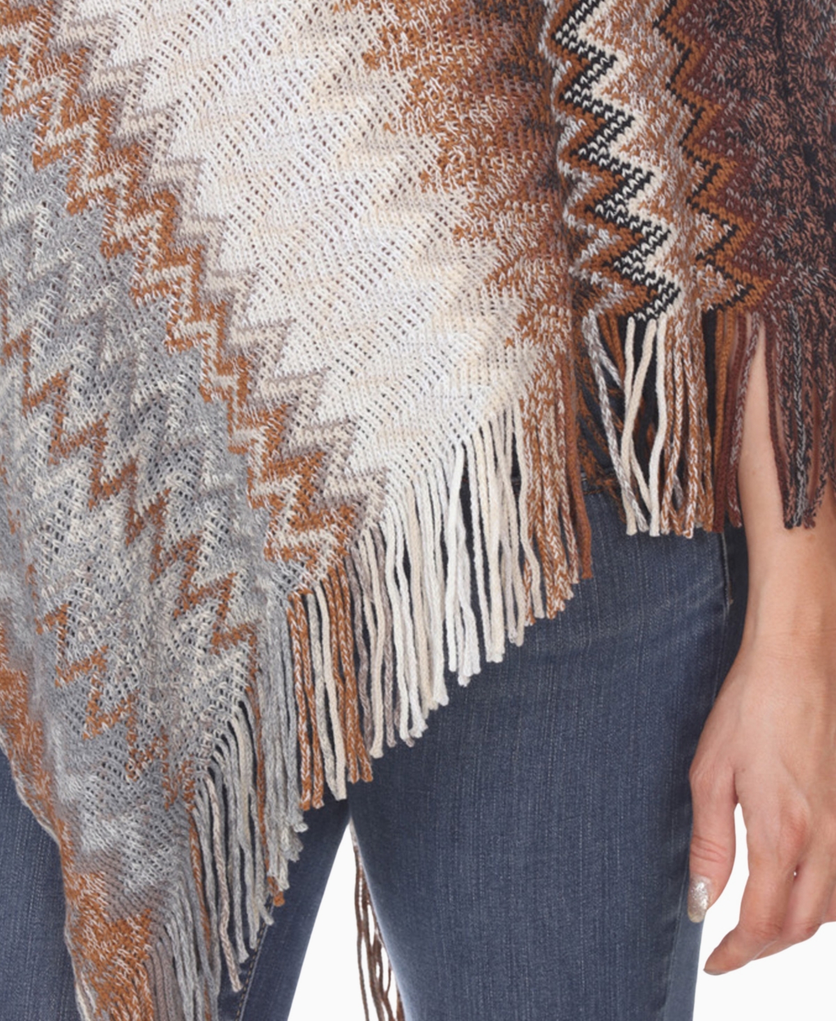White Mark Women's Chevron Knit Fringed Hem Poncho Sweater In Multi
