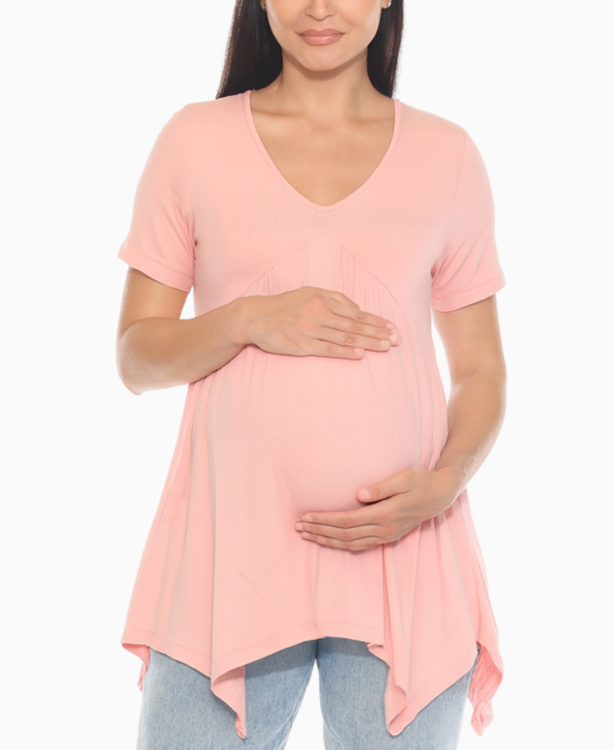 White Mark Women's Short Sleeve Shirred Front Knit Tunic Top In Pink