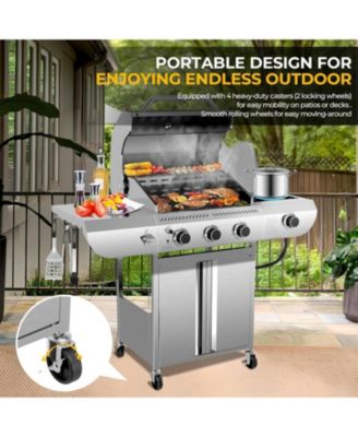 3-Burner Propane Gas Grill with Side Burner 34,000 BTU Stainless Steel Outdoor BBQ Grill, Cast Iron Grates, Portable for Patio, Camping