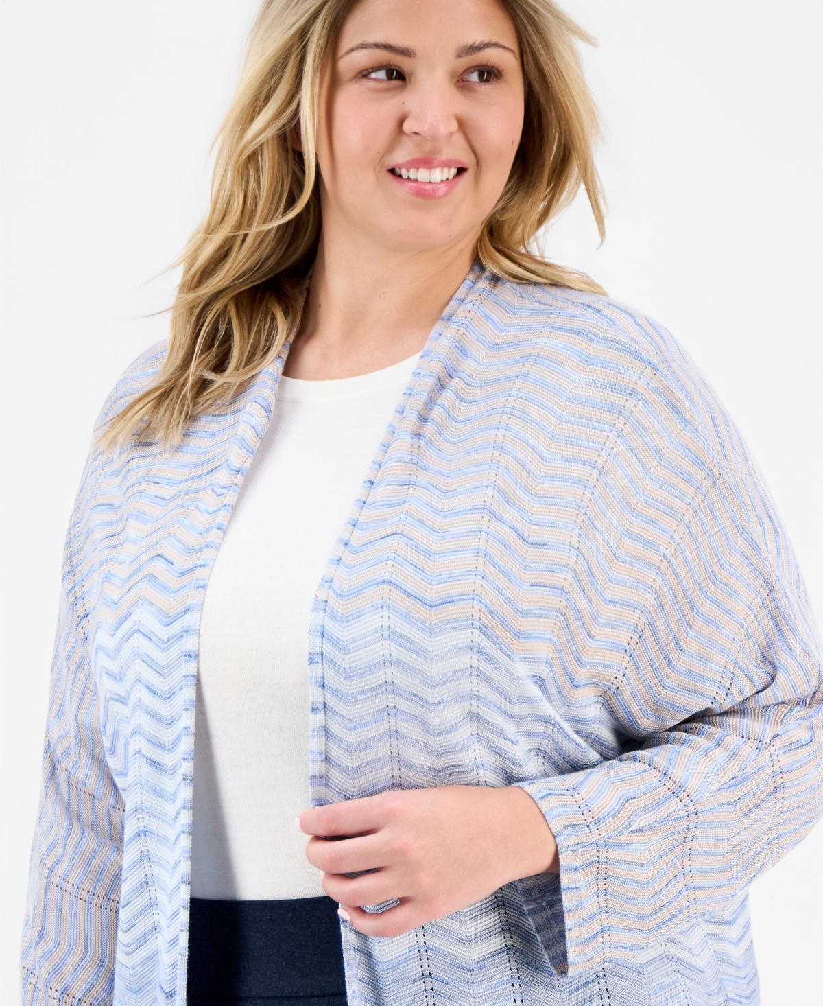 Anne Klein Plus Open-Front Zig-Zag Knit Cardigan