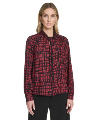 Calvin Klein - Petite Printed Long Sleeve Tie Neck Top