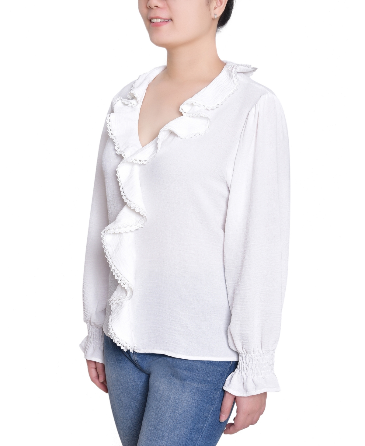 Ny Collection Women's Short Sleeve Ruffle Front Top In White