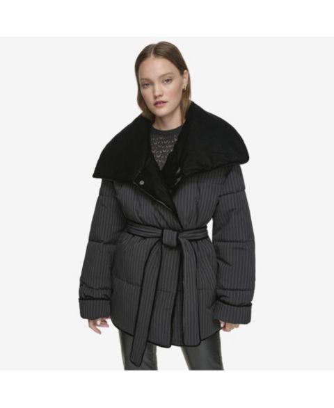 Женские куртки Andrew Marc Black Label Women's Krithia asymmetrical pinstripe wrap Coat