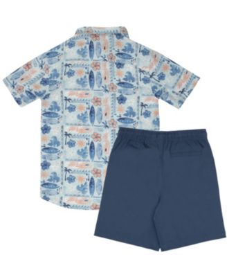 Little Boys Button Down Short Sleeve Hawaiian Elastic Woven Shirt and Short Set