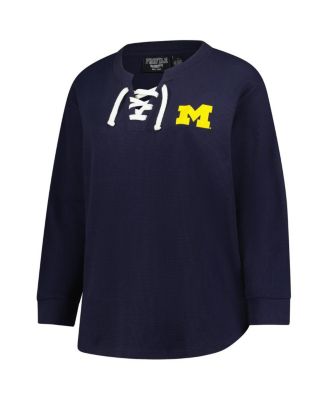 Women's Navy Michigan Wolverines Lace-Up Waffle Knit Plus Size Long Sleeve T-Shirt