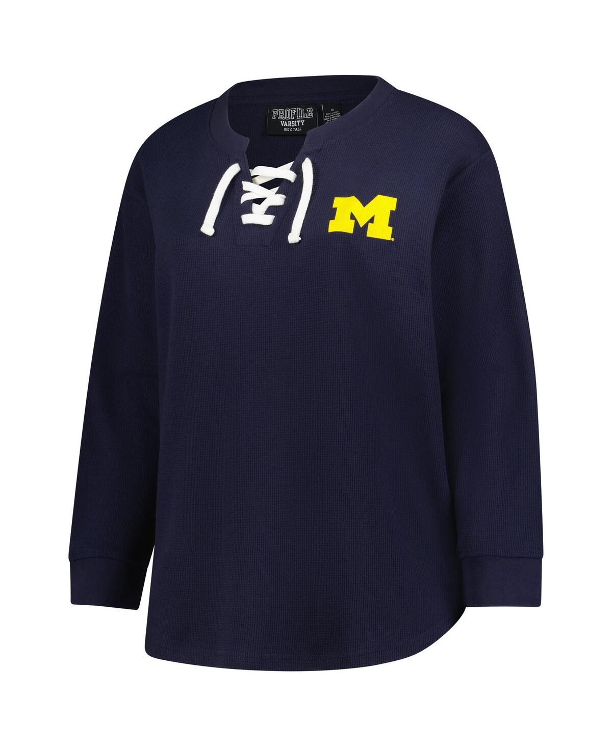 Fanatics Women's Navy Michigan Wolverines Lace-up Waffle Knit Plus Size Long Sleeve T-shirt In Blue