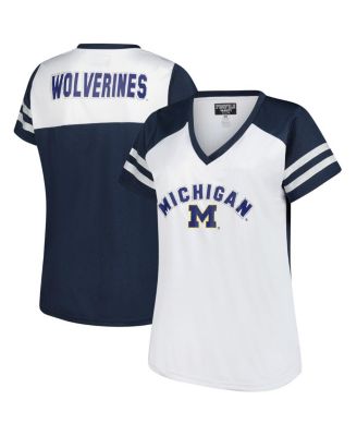 Fanatics - Women's White Michigan Wolverines Plus Size Rhinestone Glitter Sleeve Stripe V-Neck T-Shirt
