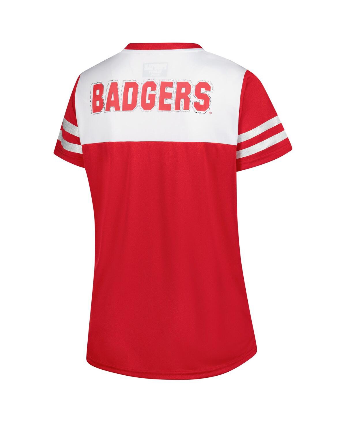 Fanatics Women's White Wisconsin Badgers Plus Size Rhinestone Glitter Sleeve Stripe V-neck T-shirt In White