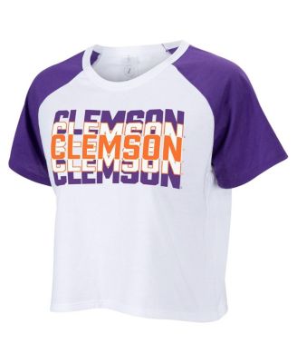 ZooZatz - Women's White Clemson Tigers Color block Repeat Raglan Cropped T-Shirt