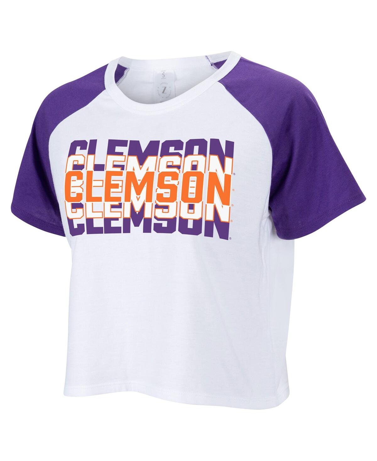 ZooZatz Women's White Clemson Tigers Color block Repeat Raglan Cropped T-Shirt
