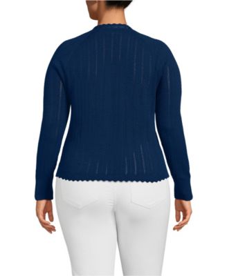 Plus Size Cotton Pointelle Satin Trim Cardigan Sweater