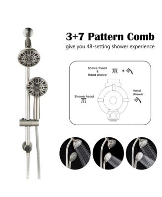 High Pressure 48-Setting Dual Shower Head Combo with Handheld & Adjustable Slide Bar – Brushed Nickel