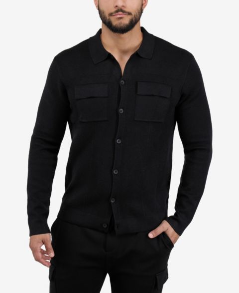 Мужской свитер SPRING + MERCER Long Sleeve Sweater With Full Buttoned Two Patch Pockets, цвет: Чёрный